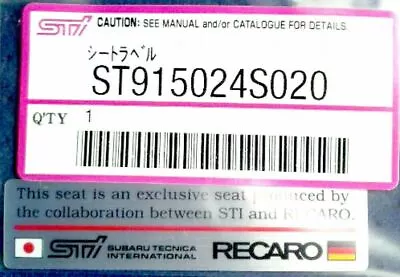 $20.98 • Buy Subaru Genuine OEM Impreza WRX STI RECARO Seat Sticker Emblem ST915024S020 * >